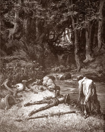 Don Kişot ve Sancho Panza, Miguel de Cervantes'in (1547-1616) “L'Ingenieux Hidalgo Don Quixote de la Manche (Quixotte - Quijote)” için Gustave Dore'un (1832-1883) gravürünü bir derede tazeliyor (1547-1616) 1863 Özel koleksiyon by Gustave Dore
