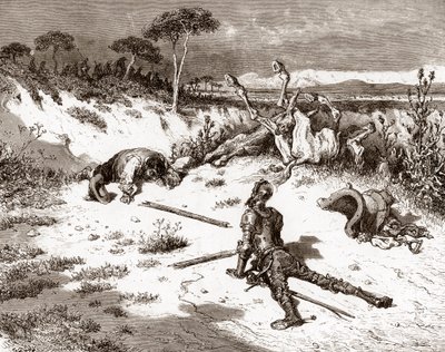 Don Kişot ve sancho Panza, gardiyanlar ve suçlularla kavga ettikten sonra “L'Ingenieux Hidalgo Don Quixote de la Mancha (Quixotte - Quijote)” için Gustave Dore (1832-1883) tarafından gravür, Miguel de Cervantes (1547-1616) 1863 Özel Toplamak by Gustave Dore