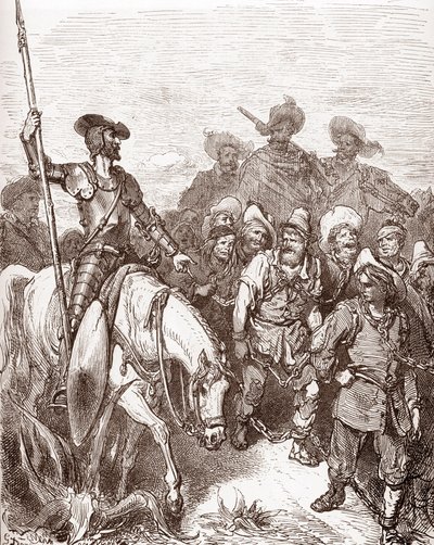 Don Kişot ve sancho Panza, kadırgalara götürülen suçluları sorguya çeker. Gravür, Gustave Dore (1832-1883), “L'Ingenieux Hidalgo Don Quixote de la Mancha (Quixotte - Quijote)”, Miguel de Cervantes (1547-1616) 1863 Özel Toplamak by Gustave Dore