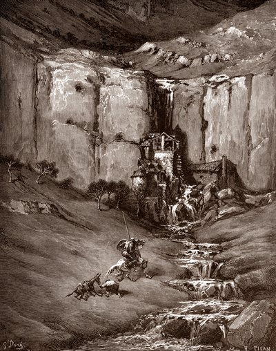 Don Kişot ve sancho Panza bir şelale ve gürültülü kulübeler görüyor (Don Kişot ve sancho Panza bir şelale ve gürültülü kulübeler görüyor) Gustave Dore'nin (1832-1883) "The Ingenieux Hidalgo Don Quixote de la Mancha (Quixotte - Quijote)" için  by Gustave Dore