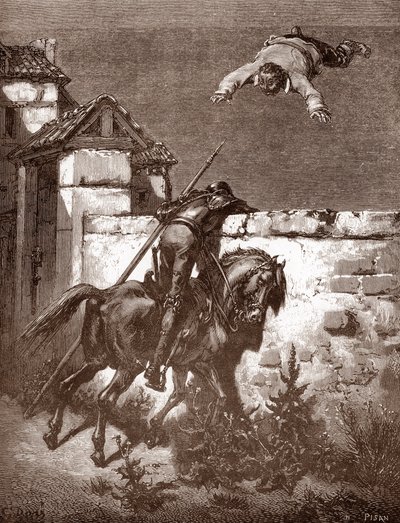 Don Kişot, Sancho Panca'nın bir battaniyenin üzerinde zıplamasına neden olan fırlatıcılarını durdurmayı başaramaz (Don Kişot'un itirazları fırlatıcıları etkilemez) “L'Ingenieux Hidalgo Don Kişot de la Mancha (Don Kişot”un itirazları fırlatıcıla by Gustave Dore