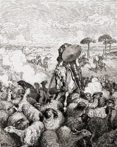 Koyun sürüsüne karşı savaşan Don Kişot, Die Gartenlaube, meyhaneden. 1905 by Gustave Dore