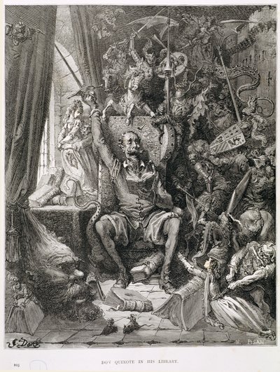 Kütüphanesinde Don Kişot, Heliodore Joseph Pisan (1822-90) tarafından oyulmuş, c.1868 by Gustave Dore
