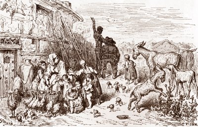 Don Kişot, komşusu Sancho Panza'yı, Miguel de Cervantes'in (1547-1616) “L'Ingenieux Hidalgo Don Quixote de la Manche (Quixotte - Quijote)” için Gustave Dore'nin (1832-1883) gravürü (1863) olması için ikna eder. by Gustave Dore