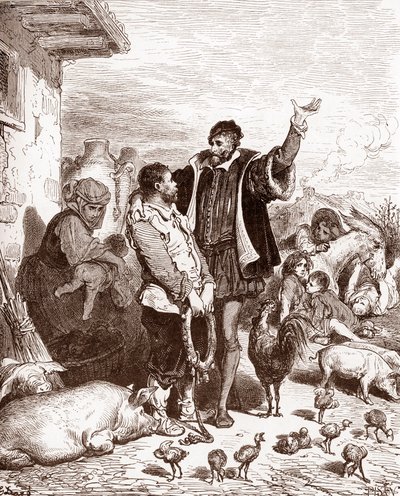 Don Kişot, komşusu Sancho Panza'yı fethedilen bir adanın valisi yapacağına söz vererek yaveri olmaya ikna eder. miguel de ce by Gustave Dore