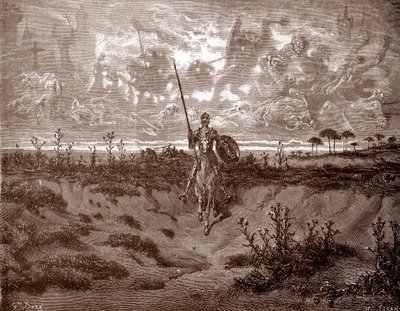 Don Kişot maceralarına atılıyor Miguel de Cervantes'in “L'Ingenieux Hidalgo Don Quixotte de la Manche (Quixotte - Quijote)” için Gustave Dore (1832-1883) gravürü (1547-1616) 1863 Özel koleksiyon by Gustave Dore