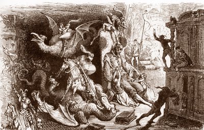 Don Kişot şövalyelik işlerinden başka bir şey düşünmez Miguel de Cervantes'in “L'Ingenieux Hidalgo Don Quixote de la Manche (Quixote - Quijote)” için Gustave Dore'un (1832-1883) gravürü (1547-1616) 1863 Özel koleksiyon by Gustave Dore