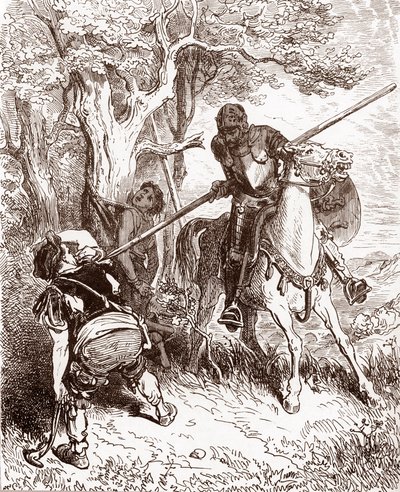 Don Kişot, çoban çocuğu Miguel de Cervantes'in (1547-1616) “L'Ingenieux Hidalgo Don Quixote de la Manche (Quixotte - Quijote)” (1547-1616) için Gustave Dore (1832-1883) gravürüne gönderen köylüyü tehdit ediyor. by Gustave Dore