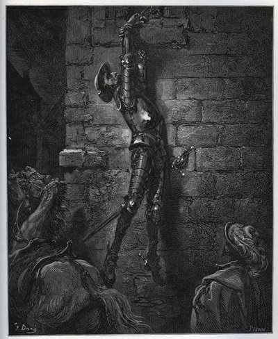 Hancının kızı ve Maritornes tarafından tuzağa düşürülen Don Kişot, bir pencereden asılı kalır. - Miguel Cervantes (1547-1616) tarafından “Don Kişot de la Mancha”dan (Don Kişot) - Gustave Dore tarafından çizildikten sonra gravür by Gustave Dore