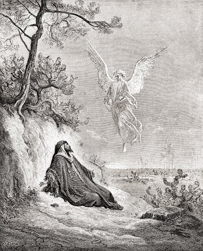 Bir melek tarafından beslenen İlyas. Gustave Dore'un İncil'den bir çalışmasından sonra. Gustave Dore'un Yaşamı ve Anılarından, 1885'te yayınlandı. by Gustave Dore