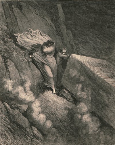 Derin uçurumdan, büyük bir anıtın kapağının arkasında emekli olduk, c1890. by Gustave Dore