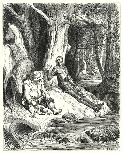 Gustave Dore'un Don Kişot'u: "Don Kişot ve Sancho'nun bazı yemyeşil ağaçların arasında bulduğu berrak bir çeşme onları tazelemeye hizmet etti" (gravür) by Gustave Dore