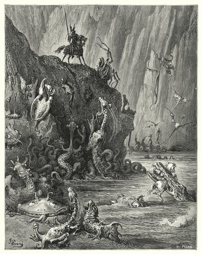 Gustave Dore'un Don Kişot'u: "Sonsuz sayıda vahşi ve korkunç yaratığın ileri geri hareket ettiği, kaynayan ziftten oluşan geniş bir göl" (gravür) by Gustave Dore
