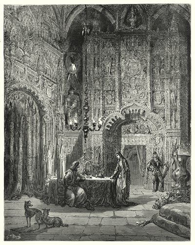 Gustave Dore'un Don Kişot'u: "Odaya başka bir genç kız gelir ve ona bu kalenin ne olduğunu ve onun içinde nasıl büyülendiğini söylemeye başlar" (gravür) by Gustave Dore