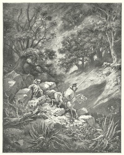 Gustave Dore'un Don Kişot'u: "Ama dua edin efendim," dedi Sancho, "bu kayalık vahşi doğada bir aşağı bir yukarı, çalılar ve çalılar arasında dolaşacağımızı söyleyen iyi bir şövalyelik kanunu mu?" (oymak) by Gustave Dore