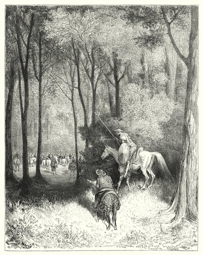 Gustave Dore'un Don Kişot'u: "Don Kişot, daha yakından bakıldığında kaliteli kişiler olduğuna karar verdiği bir şirketi tarif etti" (gravür) by Gustave Dore