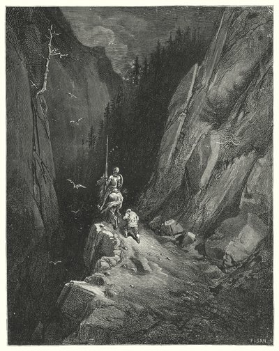 Gustave Dore'un Don Kişot'u: "Don Kişot, yeni maceralar umuduyla hırsını şımartabileceği bir yerde kendini bulmak için sevinçle taşındı" (gravür) by Gustave Dore