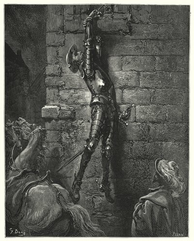 Gustave Dore'un Don Kişot'u: "Bileği ipe sağlam bir şekilde bağlanmamış olsaydı, kaçınılmaz olarak yere düşmüştü" (gravür) by Gustave Dore