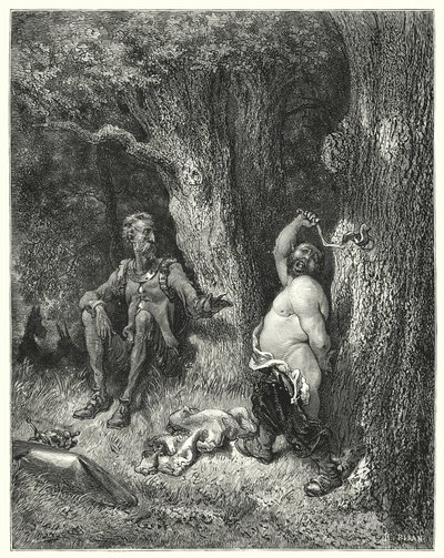 Gustave Dore'un Don Kişot'u: "'Dur!' diye bağırdı; 'arkadaş Sancho, kolunun gazabından uzak dur'" (gravür) by Gustave Dore
