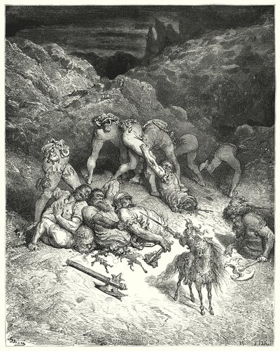 Gustave Dore'un Don Kişot'u: "Felixmarte beş devi ortasından nasıl kesti" (gravür) by Gustave Dore