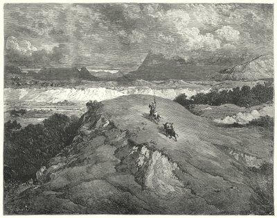 Gustave Dore'un Don Kişot'u: "İki yolcumuzun dağın en çöl kısmına varmadan önce geceydi" (gravür) by Gustave Dore