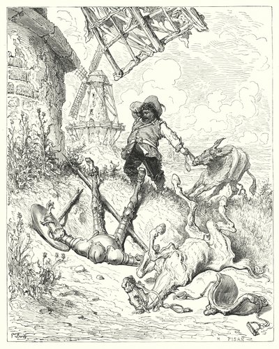 Gustave Dore'un Don Kişot'u: "Sancho, efendisine yardım etmek için kıçının sürebildiği kadar hızlı koştu" (gravür) by Gustave Dore