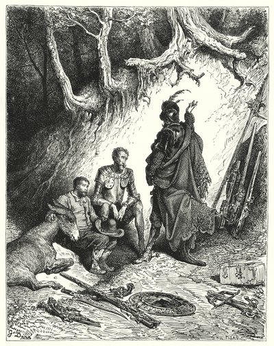 Gustave Dore'un Don Kişot'u: "Yaverler Don Kişot, Roque ve Sancho'yu dönüşlerini beklemeleri için bıraktılar" (gravür) by Gustave Dore