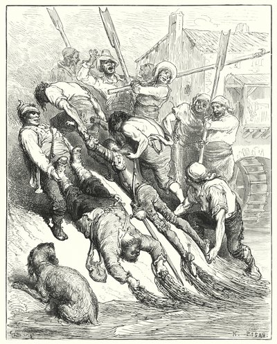 Gustave Dore'un Don Kişot'u: "İkisi de karaya çekildiler, susamaktan çok sırılsıklamdılar" (gravür) by Gustave Dore