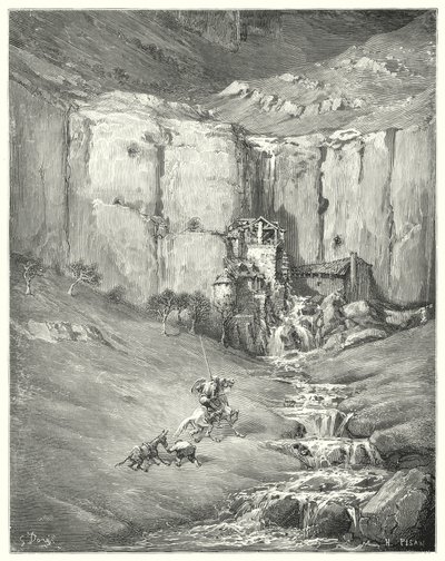Gustave Dore'un Don Kişot'u: "Yaklaştıklarında, sabırlı Rozinante'nin kendisi bile korkunç sese başladı" (gravür) by Gustave Dore