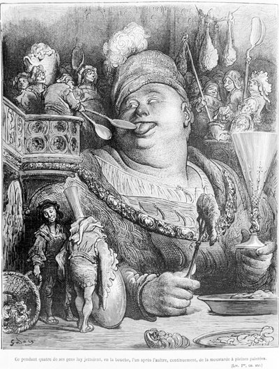 Ancak kavminden dördü ağzına ardı ardına kürekle hardal attı. François Rabelais (1483 - 1553) tarafından Gargantua'dan alıntı, Gustave Dore (1832-1883) tarafından gravür. by Gustave Dore