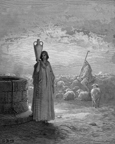 Laban'ın sürülerini güden Yakup, kuyuda Rahel'i görür. Genesis 29. Gustave Dore'un resimli İncil'inden 1866. Ahşap gravür by Gustave Dore