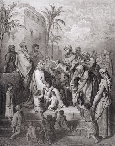 İsa'nın Çocukları Kutsaması, Stephane Pannemaker (1847-1930) tarafından oyulmuş, c.1868 by Gustave Dore