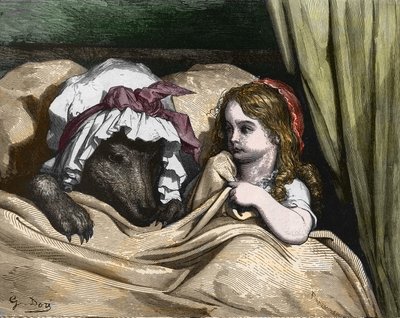 Kırmızı Başlıklı Kız ve Kurt, Büyükanneden hoşlanmazlar. Gustave Dore