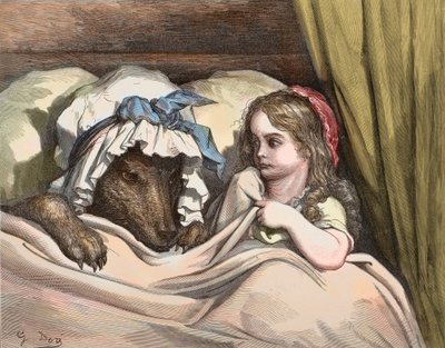 Kırmızı Başlıklı Kız ve Kurt, Büyükanneden hoşlanmazlar. Charles Perrault (1628-1703) tarafından Gustave Dore (1832-1883) tarafından “Masallar” çizimi 1867 - Kırmızı Başlıklı Kız - Gustave Dore (1832-1883) Gravür by Gustave Dore