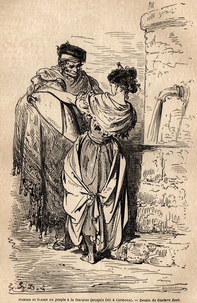 Sevilla yakınlarındaki Carmona köyünde halkın erkek ve kadınının çeşmesi var. Gustave Dore (1832-1883) tarafından canlı olarak çekilen eskiz. 1862
