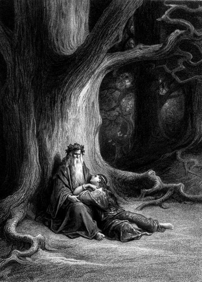 Broceliande Ormanında Merlin ve Viviane (Cycle des chevaliers de la Table Ronde) - Alfred Tennyson tarafından “” Viviane”” içinde, G. Doré tarafından illüstrasyon by Gustave Dore
