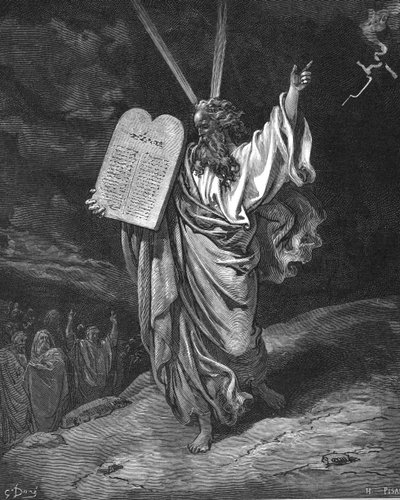 Musa, yasa tabletleriyle (On Emir) Sina Dağı'ndan iniyor. Çıkış 5.35. Gustave Dore (1832-1883) tarafından The Bible (Londra 1866) için çizim. Ahşap oyma. by Gustave Dore
