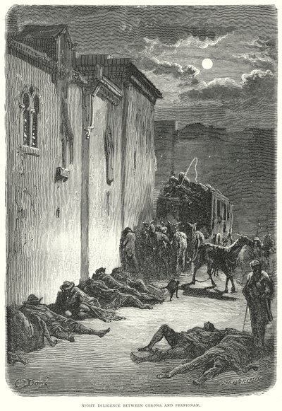 Gerona ve Perpignan Arasında Gece Çalışması (gravür) by Gustave Dore
