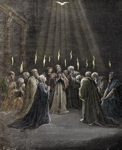 Pentekost, Kutsal Ruh'un Havariler ve İsa Mesih'in diğer takipçileri üzerine inişi Gustave Dore'un (1832-1883) gravürü "" La İncil"" Özel koleksiyonundan by Gustave Dore