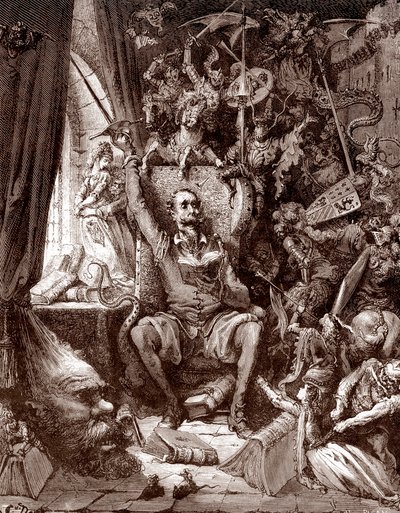 Miguel de Cervantes'in (1547-1616) “L'Ingenieux Hidalgo Don Quixote de la Manche (Quixote - Quijote)” için Gustave Dore (1832-1883) tarafından Gravür, 1863 Koleksiyon ayrıcalığı by Gustave Dore