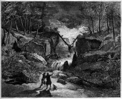 Bir operanın temsili: seldeki çılgın mezar - Son sahne, “Pardon de Ploermel”in II. perdesi, Michel Carre (1819-1872) ve Jules Barbier (1822-1901) tarafından bir libretto üzerine 1859 komik operası ve Giacomo Meyerbeer (1791-1864) tarafından bir müzik - Tiy by Gustave Dore