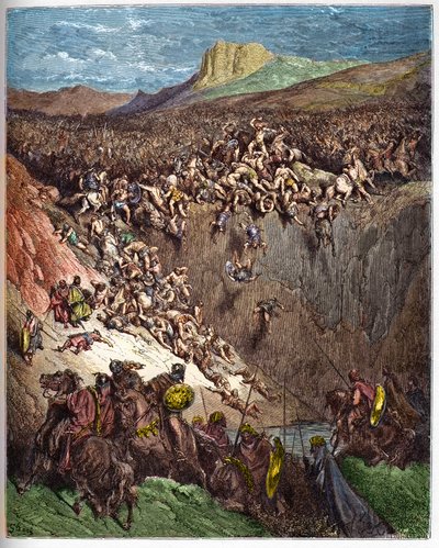 Samson, Filistinleri popo çene kemiğiyle yok ediyor - Samson Filistinleri eşek çenesiyle öldürüyor - - Gustave Dore (1832-1883) tarafından yazılan “İncil illustree”deki gravür - “” The Dore Bible” dan gravür by Gustave Dore