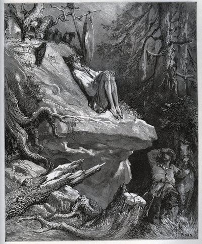 Sancho Panza efendisini her zaman pişmanlık içinde bulur - Miguel Cervantes (1547-1616) (Don Kişot) tarafından “” Don Kişot de la Mancha” dan - Gustave Dore tarafından çizildikten sonra gravür by Gustave Dore