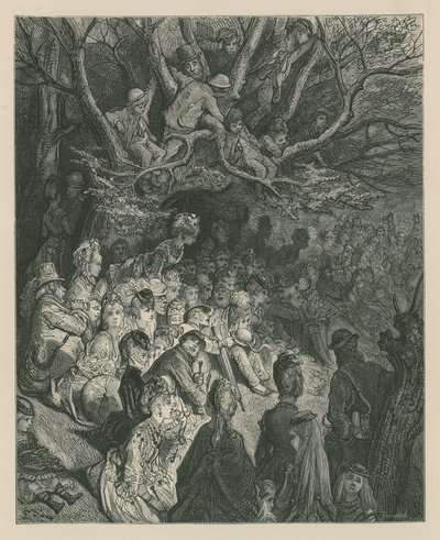 Bir nehir kıyısından bir tekne yarışını izleyen seyirciler by Gustave Dore