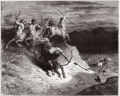 İlahi Komedya (La Divina Commedia, La Divine Comedie), Cehennem, Kanto 12: Centaurlar kaynayan kanla ruhlara saldırır - Dante Alighieri (1265-1321) - Çizim Gustave Dore (1832-1883) by Gustave Dore