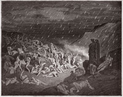 İlahi Komedya (La Divina Commedia, La Divine Comedie), Cehennem, Canto 14: Şiddetli, ateş yağmurunda işkence gören - Dante Alighieri (1265-1321) - Çizim Gustave Dore (1832-1883) by Gustave Dore