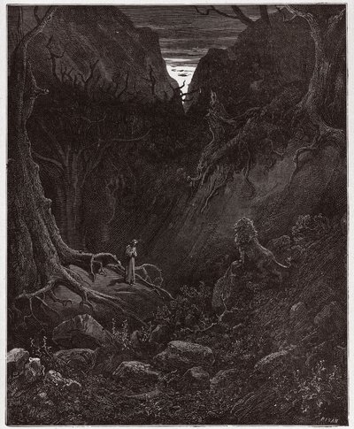 İlahi Komedya (La Divina Commedia, La Divine Comedie), Cehennem, Canto 1: Aslan aniden Dante ile yüzleşir - Dante Alighieri (1265-1321) - Çizim Gustave Dore (1832-1883) by Gustave Dore