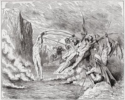 İlahi Komedya (La Divina Commedia, La Divine Comedie), Cehennem, Canto 21: Şeytanlar barratörlere eziyet ediyor - Dante Alighieri (1265-1321) - Çizim Gustave Dore (1832-1883) by Gustave Dore