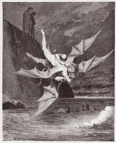 İlahi Komedya (La Divina Commedia, La Divine Comedie), Cehennem, Canto 22: Alichino ve Calcabrina sahanın üzerinde boğuşuyor - Dante Alighieri (1265-1321) - Çizim Gustave Dore (1832-1883) by Gustave Dore