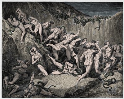 İlahi Komedya (La Divina Commedia, La Divine Comedie), Cehennem, Canto 24 : Yılanlar tarafından işkence gören hırsızlar - Dante Alighieri (1265-1321) - Gustave Dore